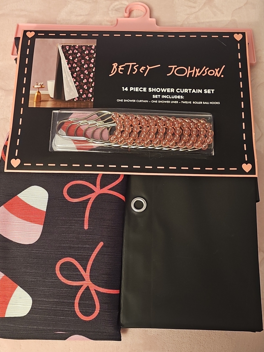 Betsey Johnson Black and Pink Candy Corn Shower Curtain Set - Halloween